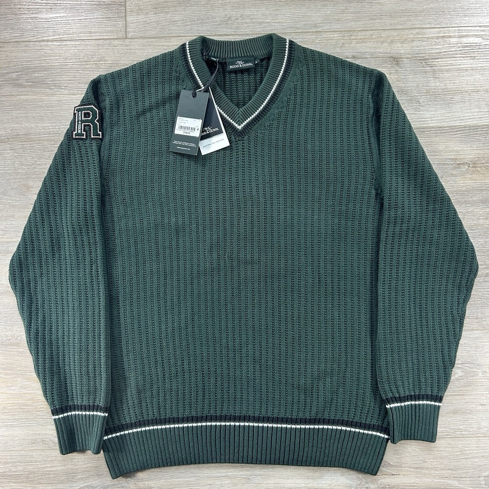 NWT Rodd & Gunn Large Little Bay‎ Knit In Forest Green Sweater Varsity Patch
